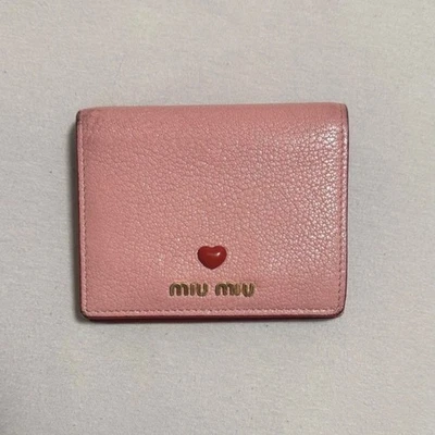 Miu Miu Madras Leather Wallet Pink Heart Motif Authentic Compact Compact Size - Image 1 of 4