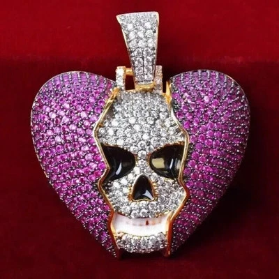 Colgante Corazón Calavera Zafiro Simulado Corte Redondo 5 Ct Chapado en Oro 14K 2 Tonos Foto 1 de 4