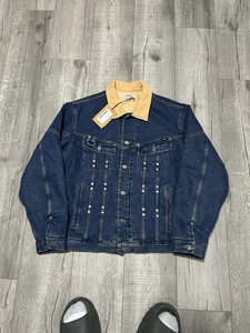 NWT PHIPPS Blue Indigo Corduroy Collar Studded Denim Trucker Jacket Size Large - Picture 1 of 6
