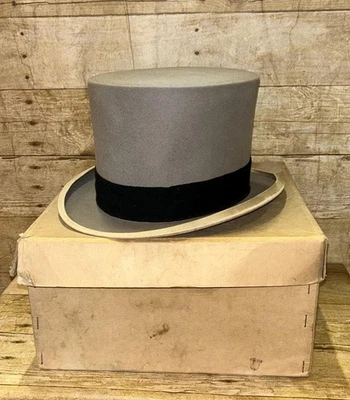 Vintage Boxed Grey Fur Felt Top Hat Size 7 1/2 / 61cm By Woodrow London - Image 1 of 4