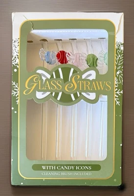 Pajitas de vidrio con iconos de caramelo ~ Cepillo de limpieza incluido ~ Juego de 5 piezas Foto 1 de 4
