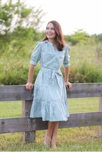 Draper James S Midikleid grün Blumen Bauern Stufen Puffärmel Knopf Baumwolle - Bild 1 von 8