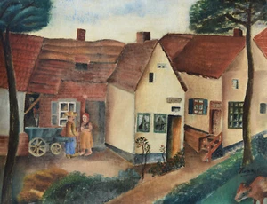 Desconocido ilegible firmado / Pintura 1930-40 extraña escena de pueblo ingenua - Imagen 1 de 24