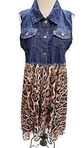 Origami Womens Long Vest 2XL Plus Sleeveless Button Up Lace Leopard Denim New - Picture 1 of 12
