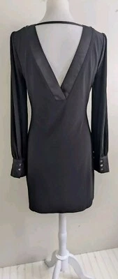 Vestido Jersey Negro WHBM Borde Satinado Cuello en V Espalda Baja Elegante Clásico Cóctel LBD S Foto 1 de 4