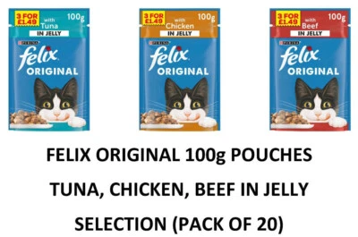 PURINA FELIX Original Thunfisch, Huhn, Rind in Gelee Nassfutter für Katzen 85g Beutel (20er Pack)