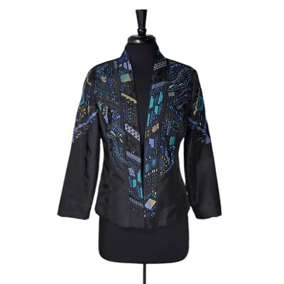 Chico’s Women’s Jacket 0 S 4 Black Multicolor Embroidered Beaded Boho Open Front - Image 1 of 4