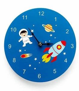 Mousehouse Gifts Kids working wooden wall clock in a Space, Spaceman, Rocket - Picture 1 of 2