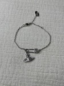 Vivienne Westwood Style Mini Bas Relief Pin Bracelet Silver Crystal Orb - Picture 1 of 6