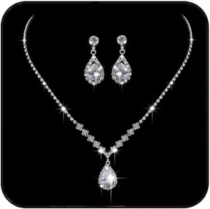 Bride Silver Bridal Necklace Earrings Set Crystal Wedding Jewelry Set Rhinestone - Picture 1 of 6