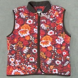 Patagonia Red Floral Full Zip Quilt Gilet Vest Brown Trim Women's Size Medium - Picture 1 of 13