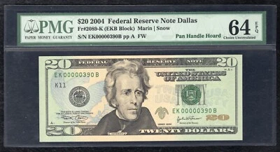 FR. 2089-K 2004 $20 FRN “PAN HANDLE HOARD” “LOW SERIAL # 390” PMG UNC-64EPQ - Image 1 of 2