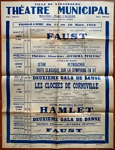 Affiche Théâtre Strasbourg FAUST Hamlet LES CLOCHES DE CORNEVILLE 1949 - Foto 1 di 1