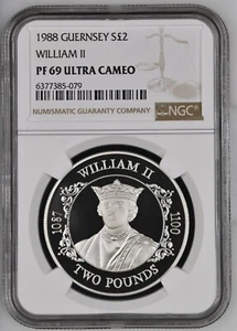 1988 Guernsey 2 Pounds Silver Proof William II NGC PF69 Ultra Cameo - Mint 2500 - Picture 1 of 2