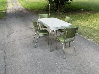 Mesa de jantar vintage retrô década de 1950 década de 1960 cromada fórmica cozinha, folha, +4 cadeiras.  - Imagem 1 de 4
