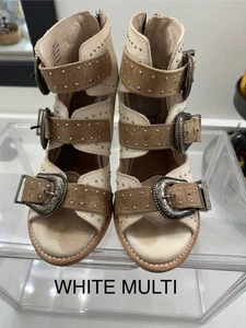 FREEBIRD VIOLET HEELS SANDALS WOMEN'S SIZE 9 WHITE MULTI BUCKLES LEATHER BROWN - Picture 1 of 5