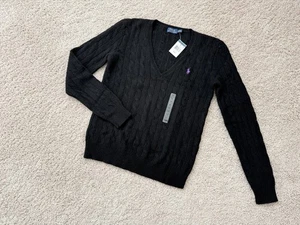 Polo Ralph Lauren Pullover V-Ausschnitt Zopfmuster Wolle Kaschmir Schwarz Damen Größe M - Bild 1 von 9