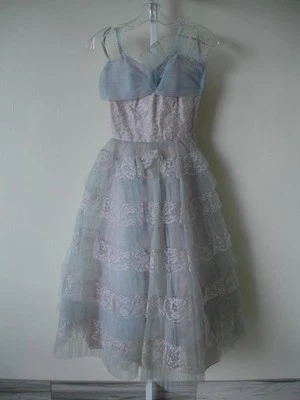 Women's XS Vtg 1920's Light Blue Chiffon Party Formal Dress Sheer Lace Spaghetti - Image 1 of 4