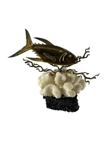 Vintage Messing Fisch Skulptur Korallenriff Lavagestein Sockel Ozean Natur MCM - Bild 1 von 12