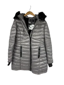 LA Coalition graue lange gefütterte Jacke Mantel Kunstfell Kapuze Schnalle Damen Large neu - Bild 1 von 10