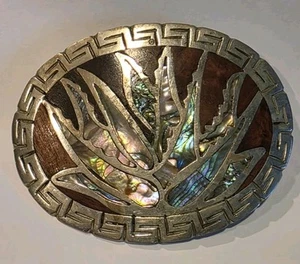 Oval inlaid Nickle silver buckle Agave Mexican key design with Abalone and Wood - Picture 1 of 7