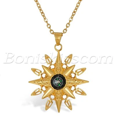 Hombres Retro Tono Dorado Dios Sol Acero Inoxidable Titan Brújula Colgante Collar Cadena Foto 1 de 4