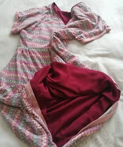 Handmade Homemade Pink Green Jersey Dress Faux Oriental Wrap Style Front UK14 - Picture 1 of 7