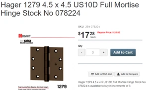 New Hager BB1279 4.5 x 4.5 US10D Full Mortise Hinge Stock No 078224 - Picture 1 of 2