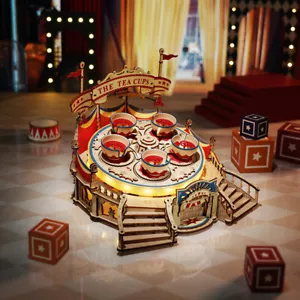 3D LED Wooden Puzzle Rotating Tea Cup Music Box Model Kit Decor Adult Gifts - Picture 1 of 6