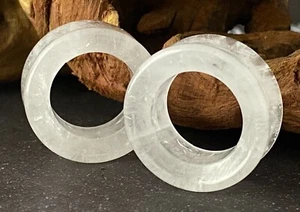 Large Gauge Pair of Cloudy Quartz Stone Concave Tunnels plugs (STN-724) gauges - Picture 1 of 4