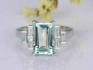 3CT Emerald Cut Simulated Aquamarine Women's Ring 14K White Gold Plated Silver