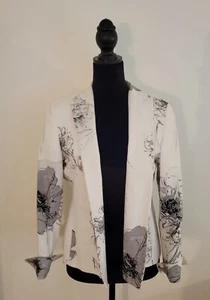 Austin Reed Black, White & Gray Flower Print Blazer Open Front, Lined Sz 10P EUC - Picture 1 of 11