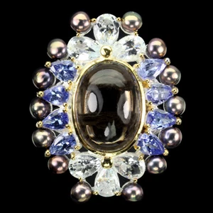 925 Silberring Oval Quarz Tansanit Aquamarin Perle Edelstein Größe 7 Handgemacht - Bild 1 von 14