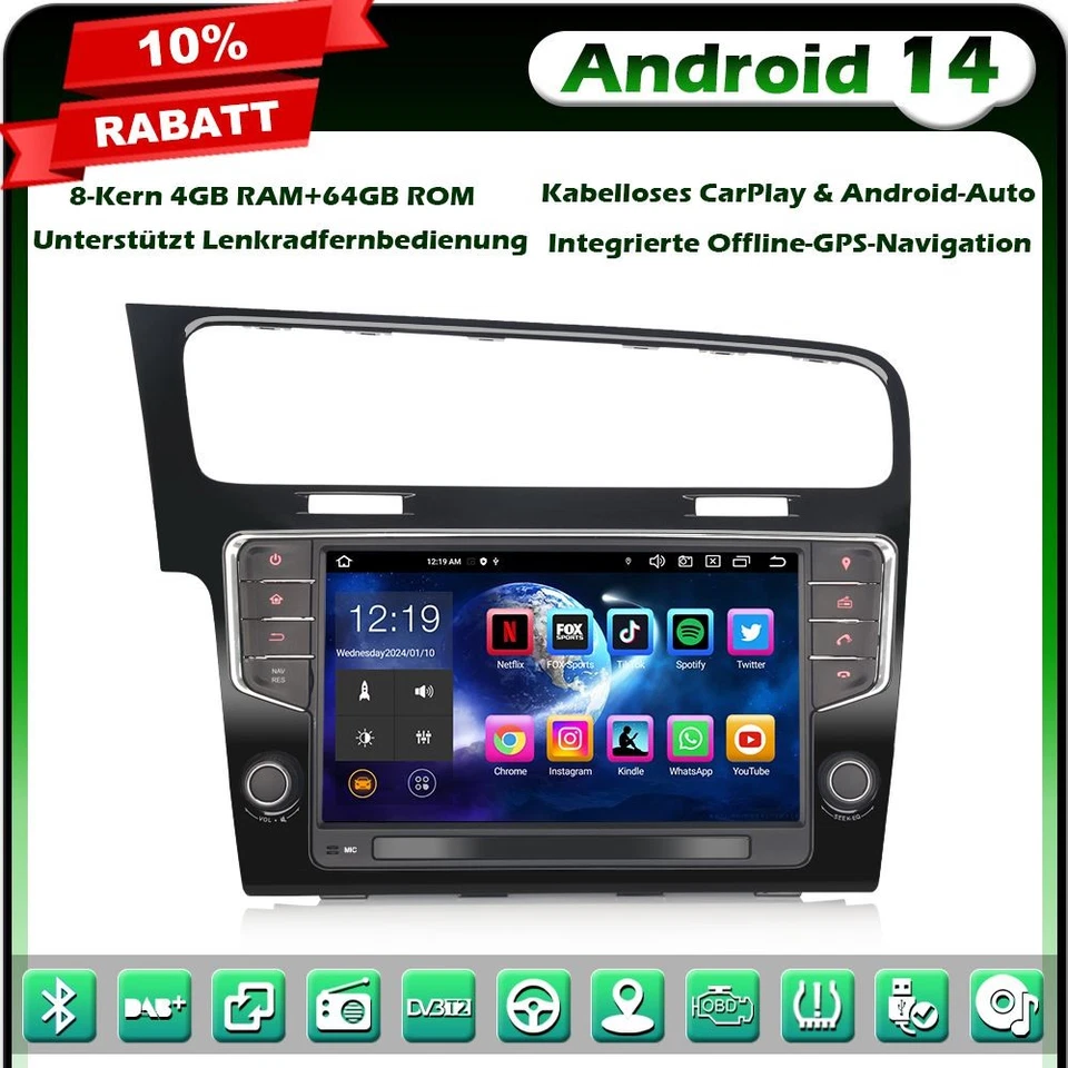8-Kern 64GB Android 14 CarPlay GPS Autoradio Navi für VW Golf VII/7 MK7 DAB+ CD - Bild 1 von 4