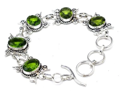 Brazalete de joyería de plata de ley 925 hecho a mano con piedras preciosas de peridoto verde tamaño-7-8" Foto 1 de 4
