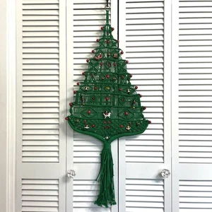 Vtg Hand Made Macrame Christmas Tree Red Wood Beads Ornaments Wall Hanging Large - Picture 1 of 13
