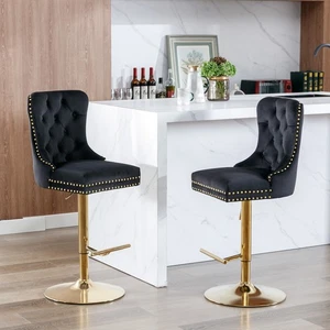A&A Furniture Golden Swivel Velvet Barstools - Adjustable (27-35"), Tufted - Picture 1 of 20