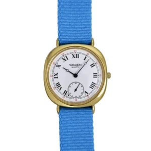 Reloj Gruen Damas Vintage Número Romano Esfera Blanca Chapado en Oro Cuarzo Azul - Imagen 1 de 10