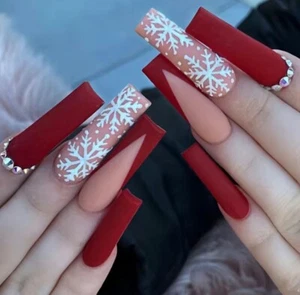 24 Long Coffin Red Christmas Snowflake Rhinestone Press On False Nails Brand New - Picture 1 of 5
