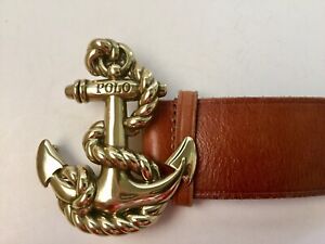 Ralph Lauren Brown Leather Belt with Large Solid Brass Anchor Buckle (31-32)