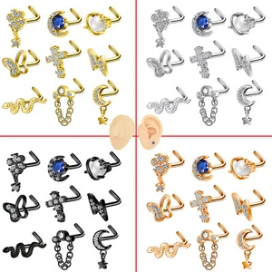 9PC 20G Surgical Steel Nose Ring L Bend Nose Stud CZ Moon Chain Earring Piercing - Picture 1 of 19
