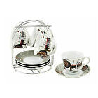 Porcelain Tea Cup and Saucer Set with Metal Stand - Classic Bean, 8 oz. Set of 4