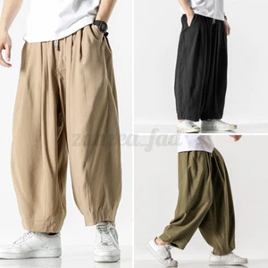 Mens Plain Baggy Harem Linen Pants Drop Crotch Slacks Drawstring Trousers Summer - Picture 1 of 16