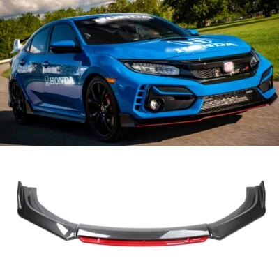 Carbon Fiber & Red Front Bumper Lip Spoiler Boby Kits Splitter For Honda Civic - Image 1 of 4
