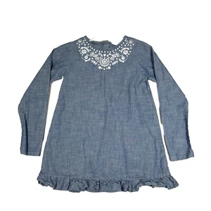 Lands End Dress Girls 8 Blue White Floral Embroidered Chambray Ruffle Shift - Picture 1 of 8