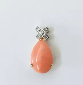 Solid 14K Yellow Gold Large Genuine Pink Coral Pear shape & Diamonds Pendant NEW - Picture 1 of 6