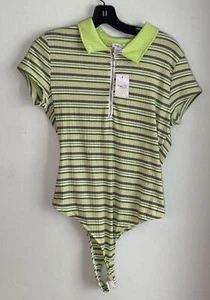 NEW RUE 21 Women’s Green Striped Stretch Bodysuit w/Collar & Zipper Size Large - Picture 1 of 5