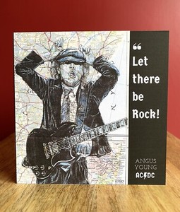 Angus Young AC/DC Greeting birthday card.Pen Drawing over maps.Blank Inside
