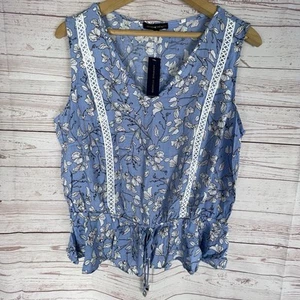 Adrienne Vittadini Blue White Floral Peplum Blouse Top V Neck Sz XL NWT Tank - Picture 1 of 8