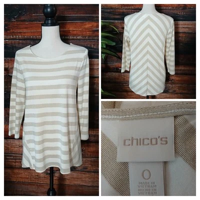 Chicos Top Size 0 Small Cream Gold Metallic Shimmer Striped Easy Tee 3/4 Sleeves - Image 1 of 4